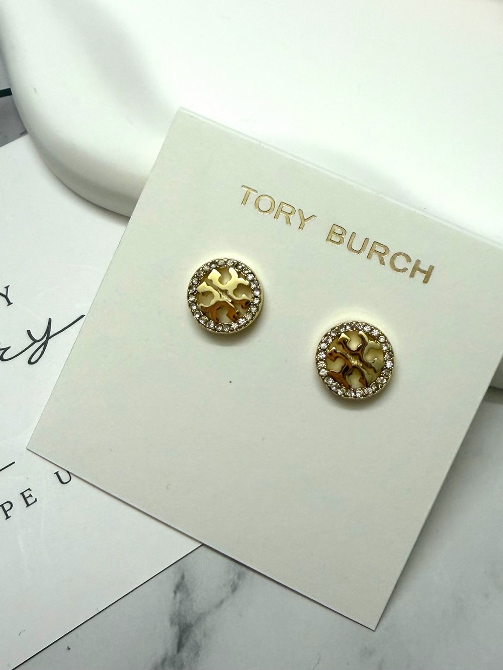 Tory Burch Gold Logo Pavé Round Stud Earrings